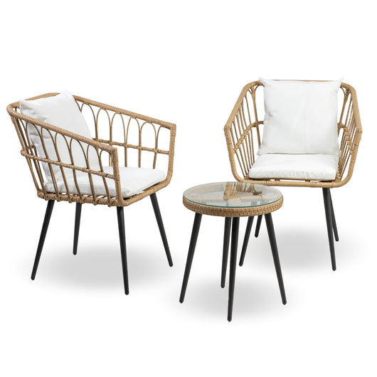 Salottino Da Esterno In Rattan Set Bistrot Poltrone E Tavolino Elegante Terrazzo Balcone Giardino Telaio In Acciaio Tavolo Salotto Con Piano In Vetro Con 2 Sedie Con Comodi Cuscini - Giava