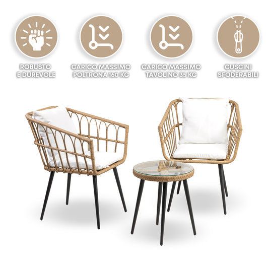 Salottino Da Esterno In Rattan Set Bistrot Poltrone E Tavolino Elegante Terrazzo Balcone Giardino Telaio In Acciaio Tavolo Salotto Con Piano In Vetro Con 2 Sedie Con Comodi Cuscini - Giava