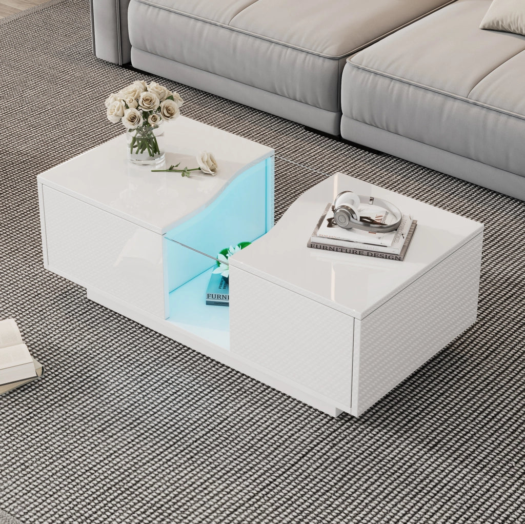 Tavolino da caffè LED bianco con 2 cassetti 100x50 cm