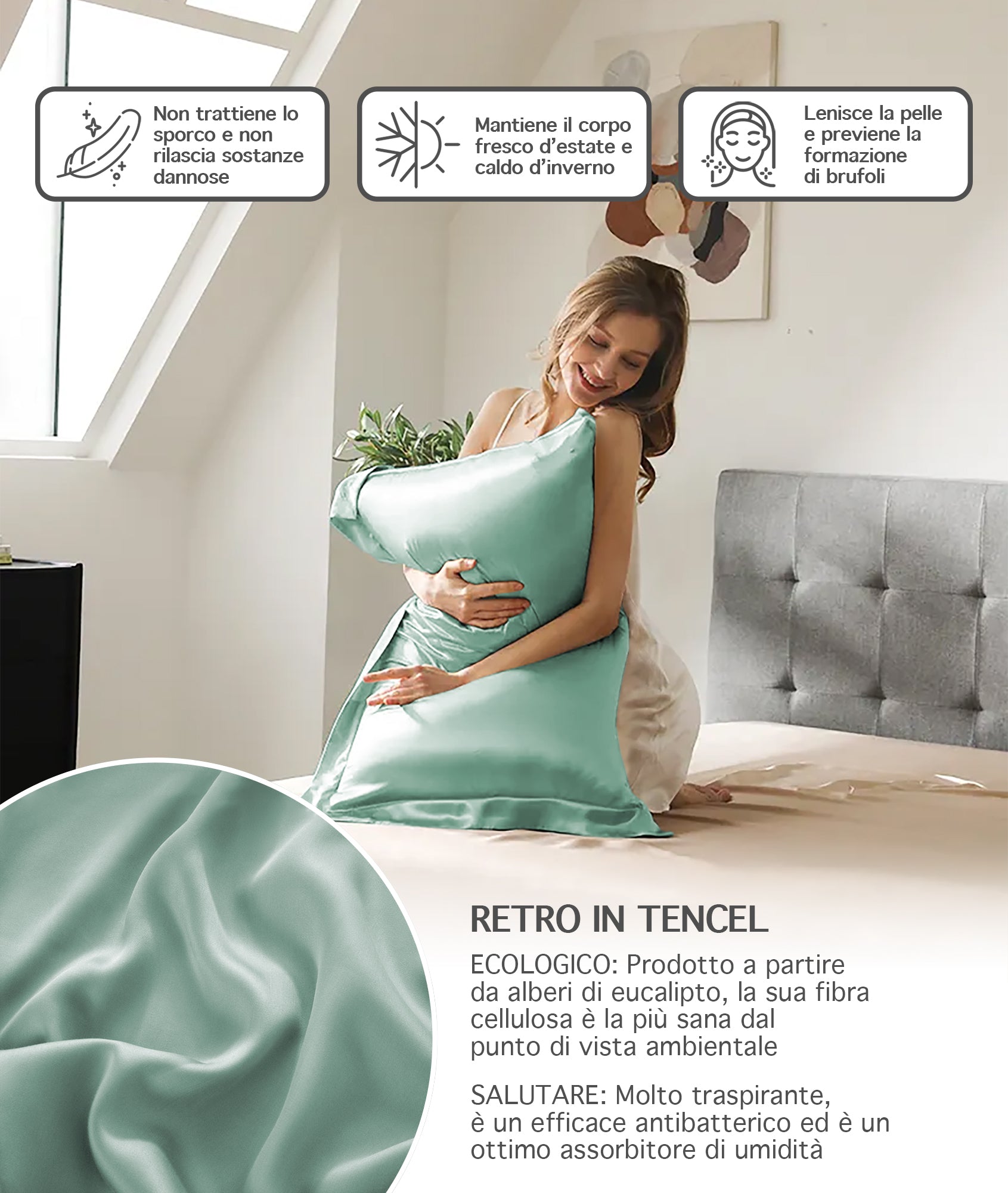 Federa 100% Seta Di Gelso 50x80Cm Certificate OekoTex Chiusura Zip Con Volant da 5 Cm Retro In Tencel Di Eucalipto Anticrespo Anti-Age Rigenerante Cromoterapia  - Acqua