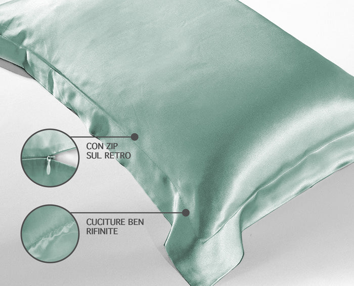 Federa 100% Seta Di Gelso 50x80Cm Certificate OekoTex Chiusura Zip Con Volant da 5 Cm Retro In Tencel Di Eucalipto Anticrespo Anti-Age Rigenerante Cromoterapia  - Acqua