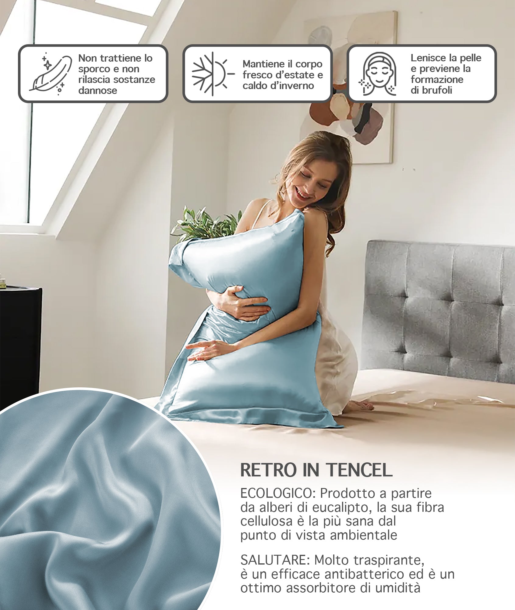 Federa 100% Seta Di Gelso 50x80Cm Certificate OekoTex Chiusura Zip Con Volant da 5 Cm Retro In Tencel Di Eucalipto Anticrespo Anti-Age Rigenerante Cromoterapia  - Azzurro