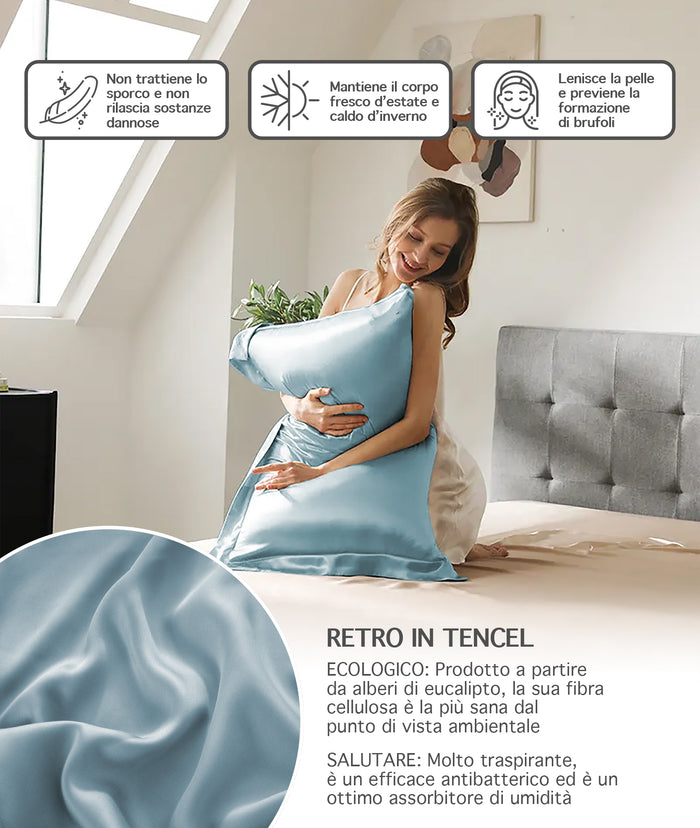 Federa 100% Seta Di Gelso 50x80Cm Certificate OekoTex Chiusura Zip Con Volant da 5 Cm Retro In Tencel Di Eucalipto Anticrespo Anti-Age Rigenerante Cromoterapia  - Azzurro
