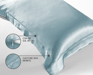 Federa 100% Seta Di Gelso 50x80Cm Certificate OekoTex Chiusura Zip Con Volant da 5 Cm Retro In Tencel Di Eucalipto Anticrespo Anti-Age Rigenerante Cromoterapia  - Azzurro