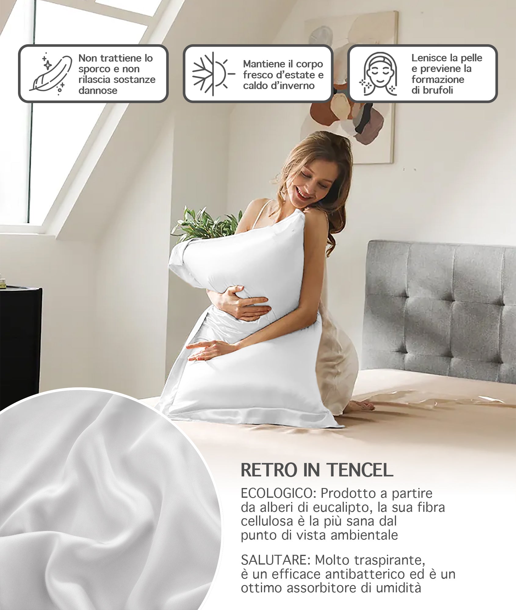 Federa 100% Seta Di Gelso 50x80Cm Certificate OekoTex Chiusura Zip Con Volant da 5 Cm Retro In Tencel Di Eucalipto Anticrespo Anti-Age Rigenerante Cromoterapia  - Bianco