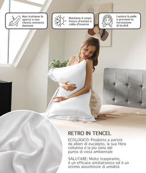 Federa 100% Seta Di Gelso 50x80Cm Certificate OekoTex Chiusura Zip Con Volant da 5 Cm Retro In Tencel Di Eucalipto Anticrespo Anti-Age Rigenerante Cromoterapia  - Bianco