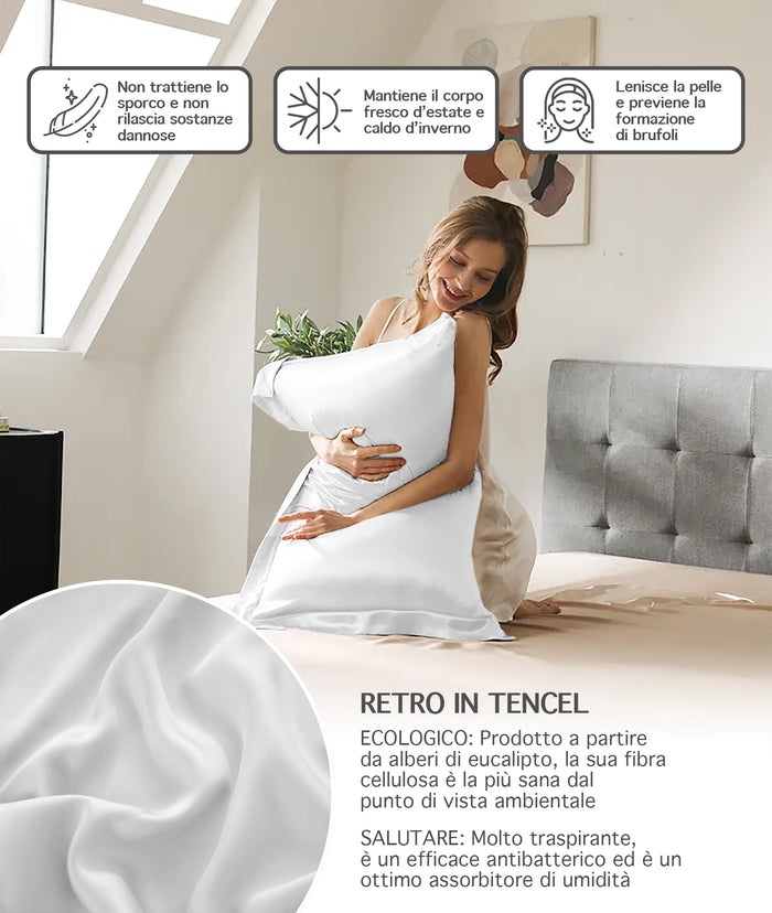 Federa 100% Seta Di Gelso 50x80Cm Certificate OekoTex Chiusura Zip Con Volant da 5 Cm Retro In Tencel Di Eucalipto Anticrespo Anti-Age Rigenerante Cromoterapia  - Bianco