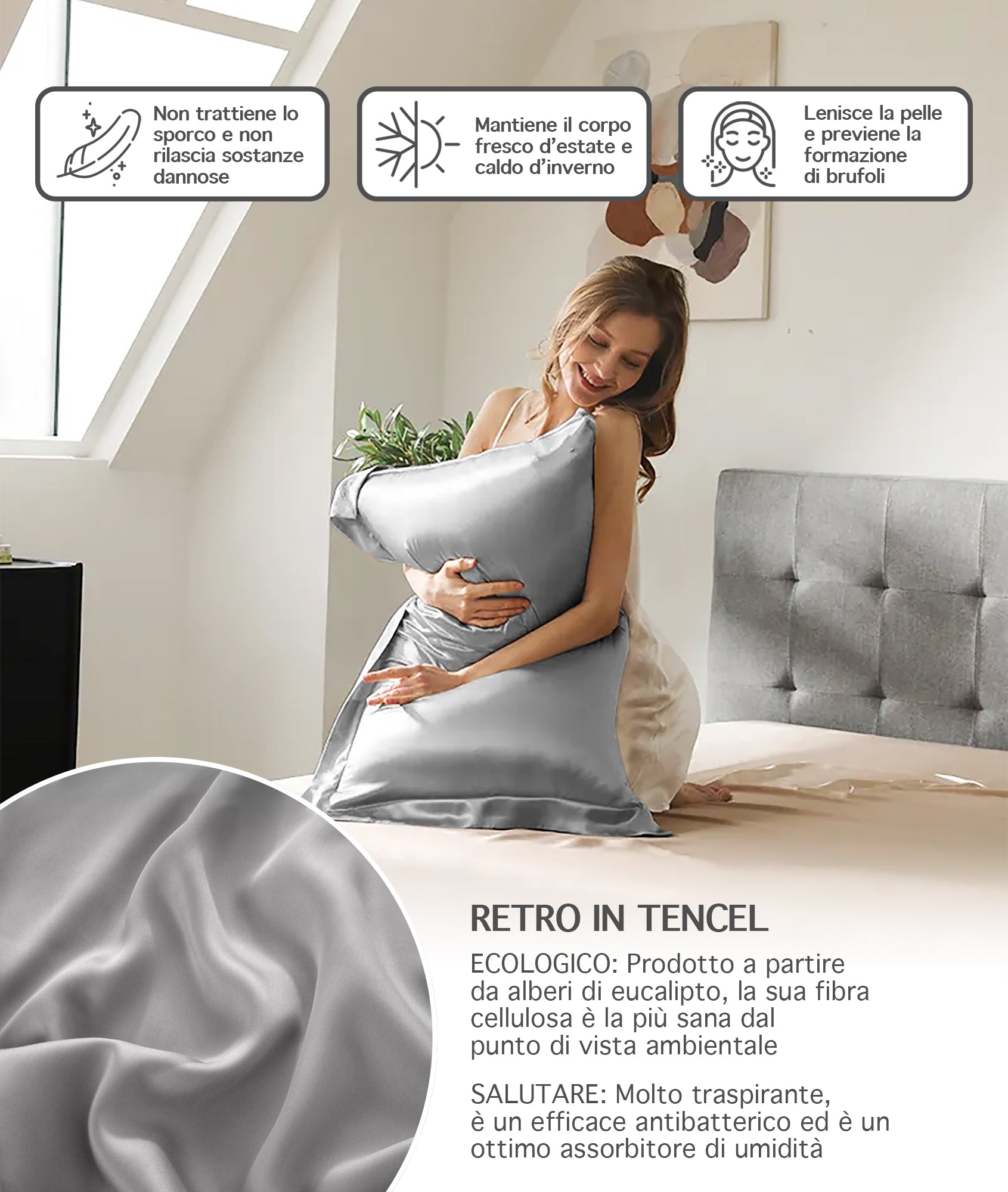 Federa 100% Seta Di Gelso 50x80Cm Certificate OekoTex Chiusura Zip Con Volant da 5 Cm Retro In Tencel Di Eucalipto Anticrespo Anti-Age Rigenerante Cromoterapia  - Grigio