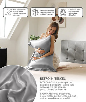 Federa 100% Seta Di Gelso 50x80Cm Certificate OekoTex Chiusura Zip Con Volant da 5 Cm Retro In Tencel Di Eucalipto Anticrespo Anti-Age Rigenerante Cromoterapia  - Grigio