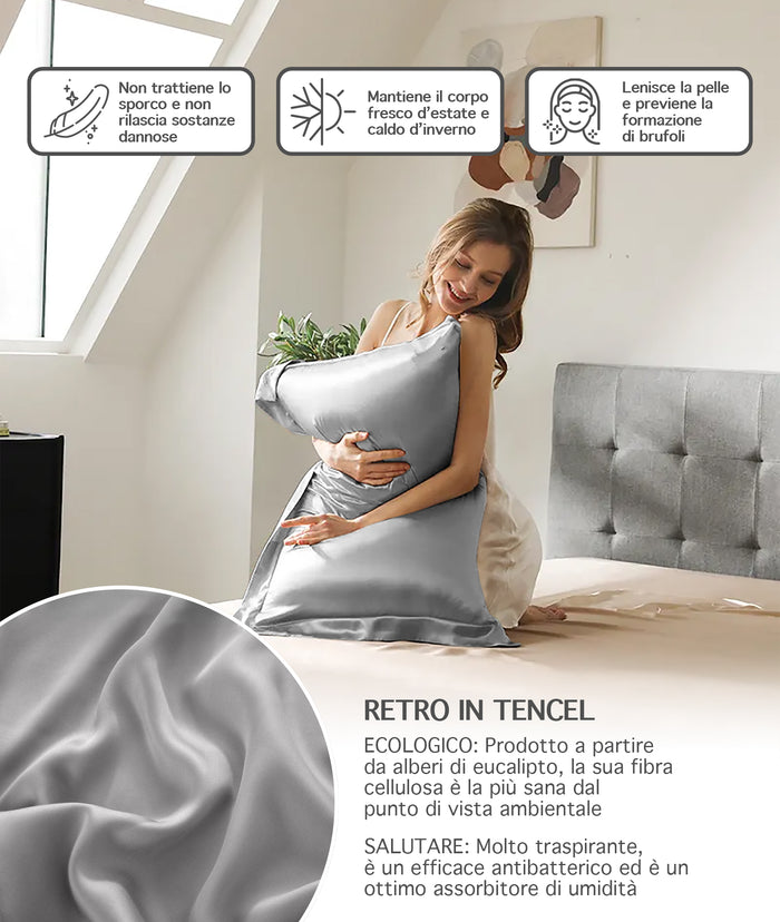 Federa 100% Seta Di Gelso 50x80Cm Certificate OekoTex Chiusura Zip Con Volant da 5 Cm Retro In Tencel Di Eucalipto Anticrespo Anti-Age Rigenerante Cromoterapia  - Grigio