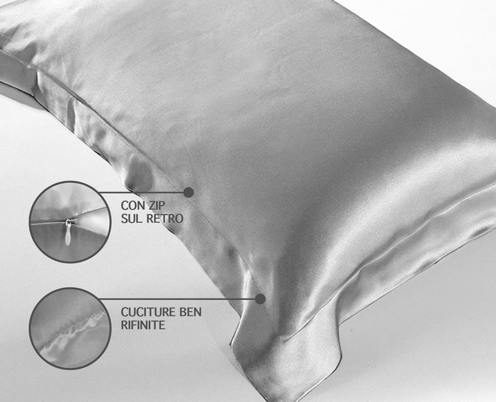 Federa 100% Seta Di Gelso 50x80Cm Certificate OekoTex Chiusura Zip Con Volant da 5 Cm Retro In Tencel Di Eucalipto Anticrespo Anti-Age Rigenerante Cromoterapia  - Grigio
