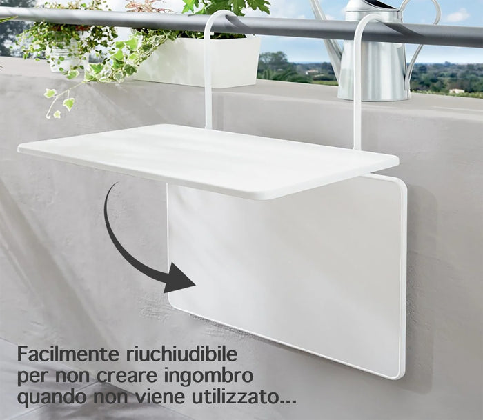 Tavolino Pieghevole Da Balcone 60x40Cm Uv Resistent Antiruggine Tavolo Sospeso Da Appendere Alla Ringhiera Richiudibile Salvaspazio Altezza Regolabile Struttura In Metallo Impermeabile  - Bianco