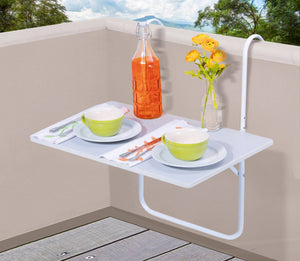 Tavolino Pieghevole Da Balcone 60x40Cm Uv Resistent Antiruggine Tavolo Sospeso Da Appendere Alla Ringhiera Richiudibile Salvaspazio Altezza Regolabile Struttura In Metallo Impermeabile  - Bianco