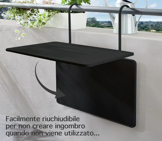 Tavolino Pieghevole Da Balcone 60x40Cm Uv Resistent Antiruggine Tavolo Sospeso Da Appendere Alla Ringhiera Richiudibile Salvaspazio Altezza Regolabile Struttura In Metallo Impermeabile  - Nero