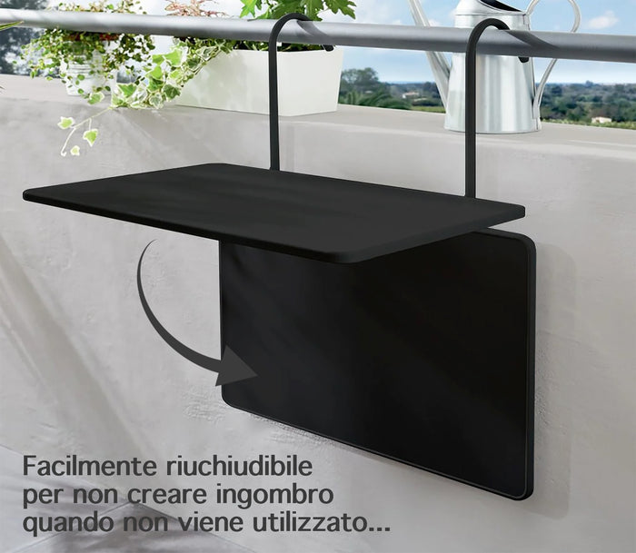 Tavolino Pieghevole Da Balcone 60x40Cm Uv Resistent Antiruggine Tavolo Sospeso Da Appendere Alla Ringhiera Richiudibile Salvaspazio Altezza Regolabile Struttura In Metallo Impermeabile  - Nero