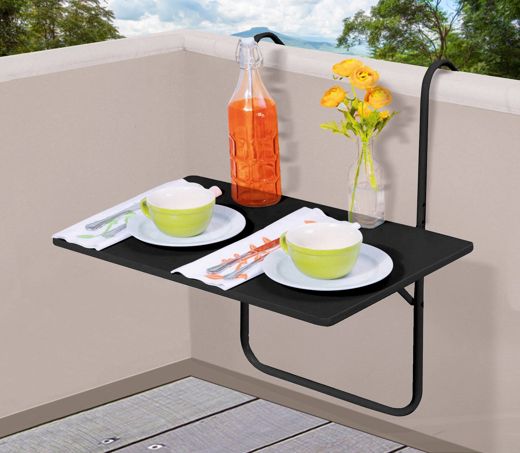 Tavolino Pieghevole Da Balcone 60x40Cm Uv Resistent Antiruggine Tavolo Sospeso Da Appendere Alla Ringhiera Richiudibile Salvaspazio Altezza Regolabile Struttura In Metallo Impermeabile  - Nero