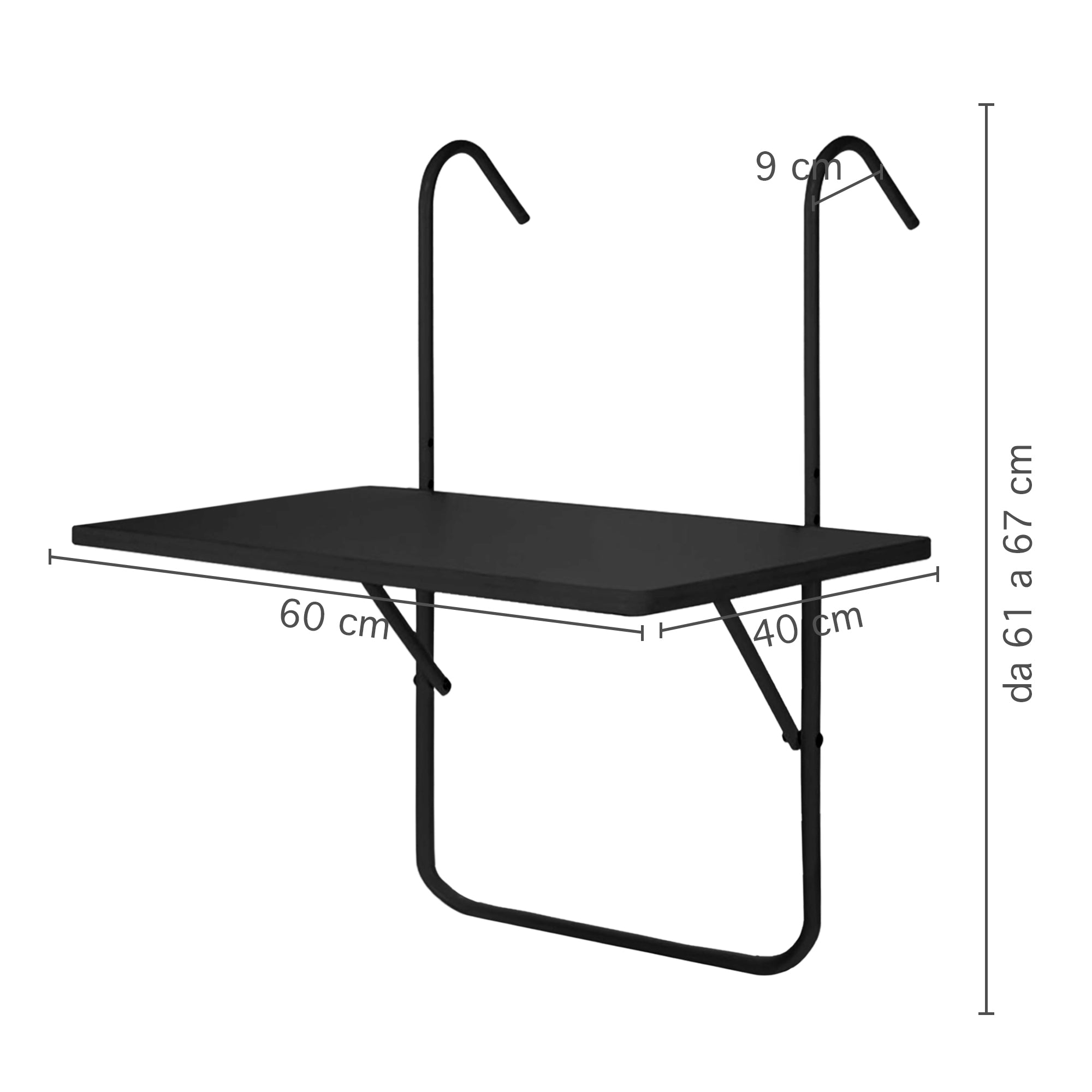 Tavolino Pieghevole Da Balcone 60x40Cm Uv Resistent Antiruggine Tavolo Sospeso Da Appendere Alla Ringhiera Richiudibile Salvaspazio Altezza Regolabile Struttura In Metallo Impermeabile  - Nero