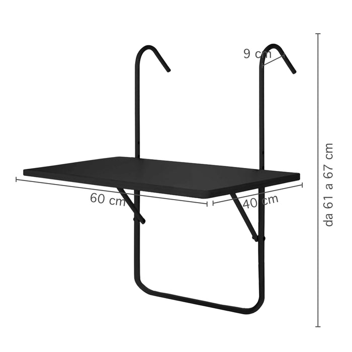 Tavolino Pieghevole Da Balcone 60x40Cm Uv Resistent Antiruggine Tavolo Sospeso Da Appendere Alla Ringhiera Richiudibile Salvaspazio Altezza Regolabile Struttura In Metallo Impermeabile  - Nero