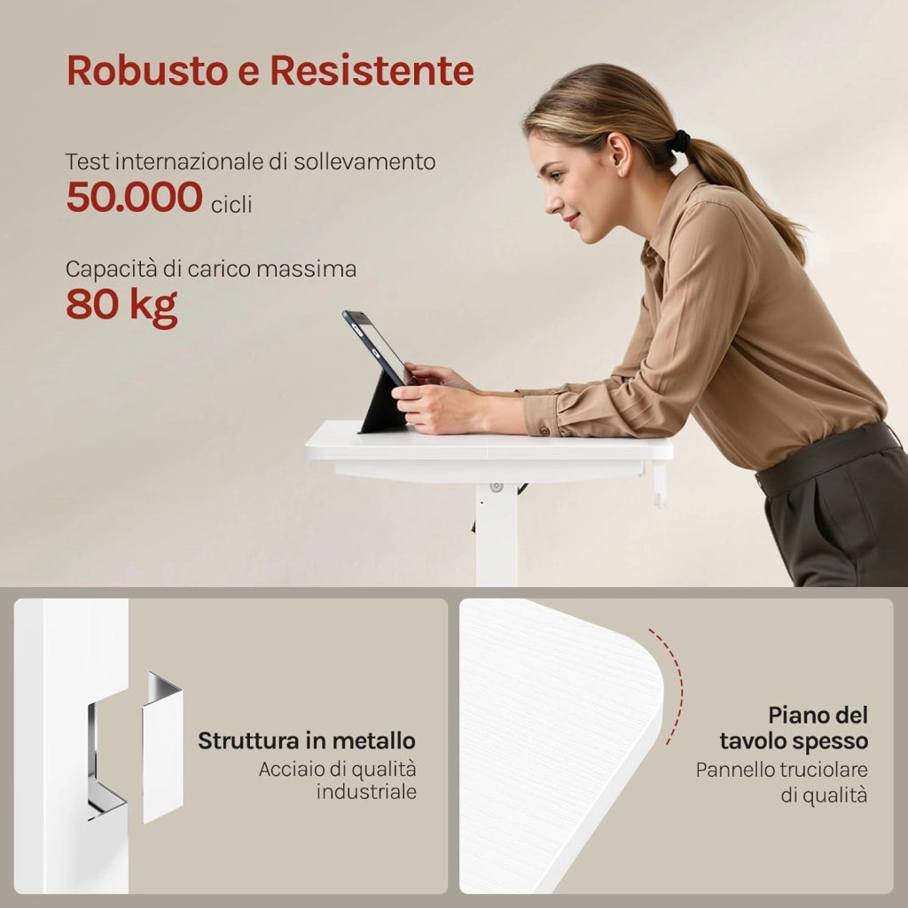 Scrivania Elettrica Regolabile in Altezza 72-118 cm, con 3 Memorie e 2 Ganci – Bianco, Silenziosa, Capacità di Carico 80 kg – per Ufficio, Casa, Gaming e Studio, 100x48 cm