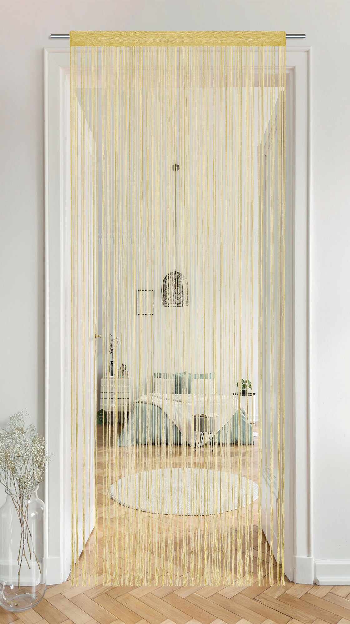Tenda A Fili Stringhe Anti Mosche Insetti Divisorio Con Asola Per inserimento Di Bastoni Zanzariera Adattabile Con Forbici Porta Finestra Elegante - Beige - 140x290 cm
