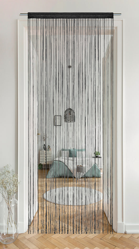 Tenda A Fili Stringhe Anti Mosche Insetti Divisorio Con Asola Per inserimento Di Bastoni Zanzariera Adattabile Con Forbici Porta Finestra Elegante - Nero - 100x200 cm