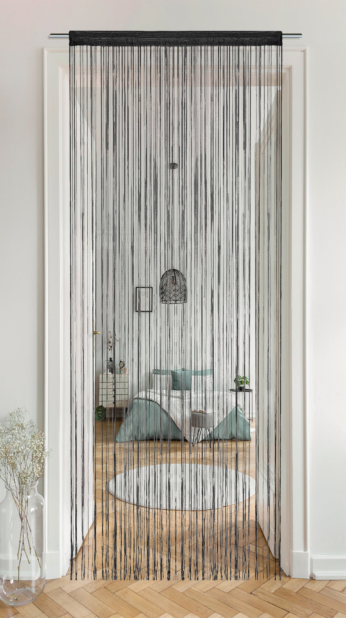 Tenda A Fili Stringhe Anti Mosche Insetti Divisorio Con Asola Per inserimento Di Bastoni Zanzariera Adattabile Con Forbici Porta Finestra Elegante - Nero - 140x290 cm
