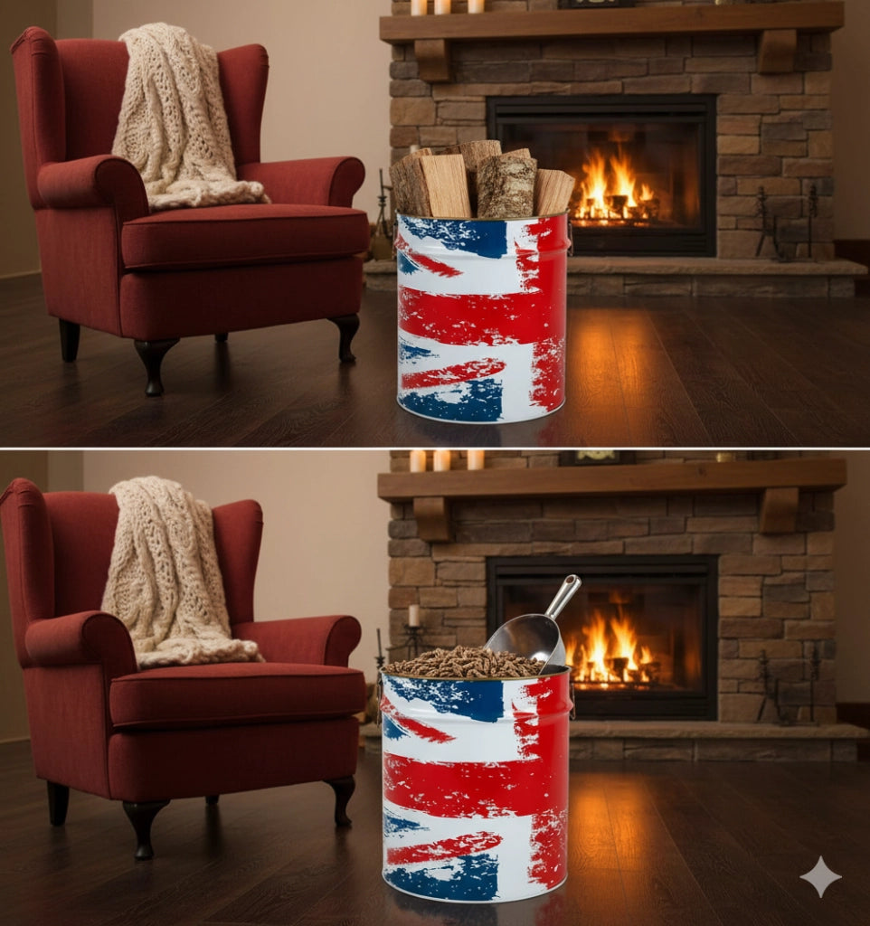 Porta Legna o Pellet Contenitore Senza Coperchio Ø39x42 cm in Ferro Verniciato Big English Blu e Rosso