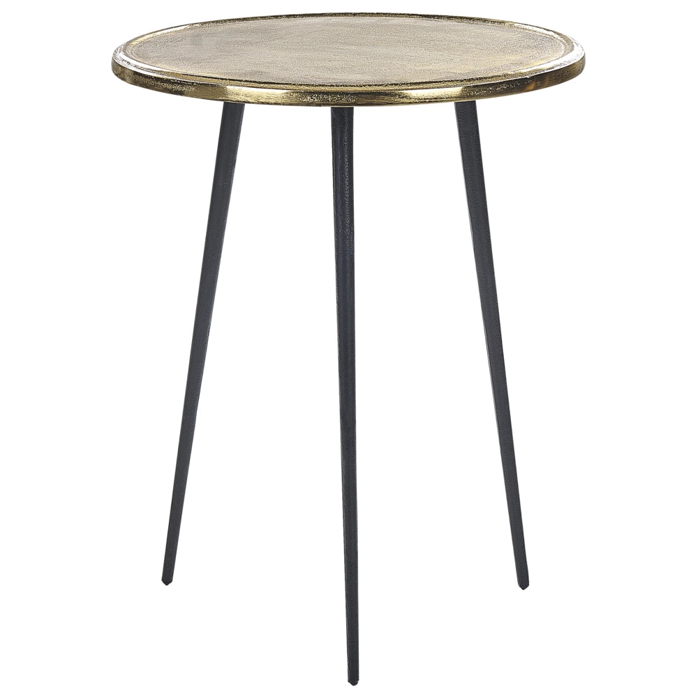 Tavolino d'oro e nero con piano in alluminio e ferro rotondo, ⌀ 43 cm decorato in stile retrò.