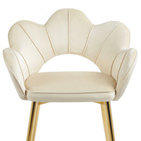 Poltrona Camera da Letto in Velluto Design Moderno, Sedia Conchiglia con Gambe in Metallo Placcato Oro Poltroncina da Salotto e Cucina con Seduta Morbida Imbottita Modello Fiorella - Beige