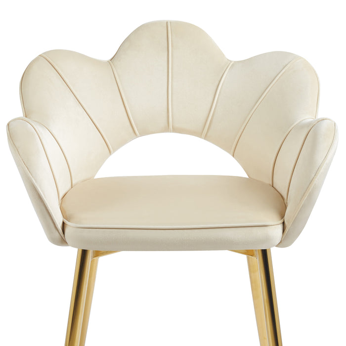 Poltrona Camera da Letto in Velluto Design Moderno, Sedia Conchiglia con Gambe in Metallo Placcato Oro Poltroncina da Salotto e Cucina con Seduta Morbida Imbottita Modello Fiorella - Beige