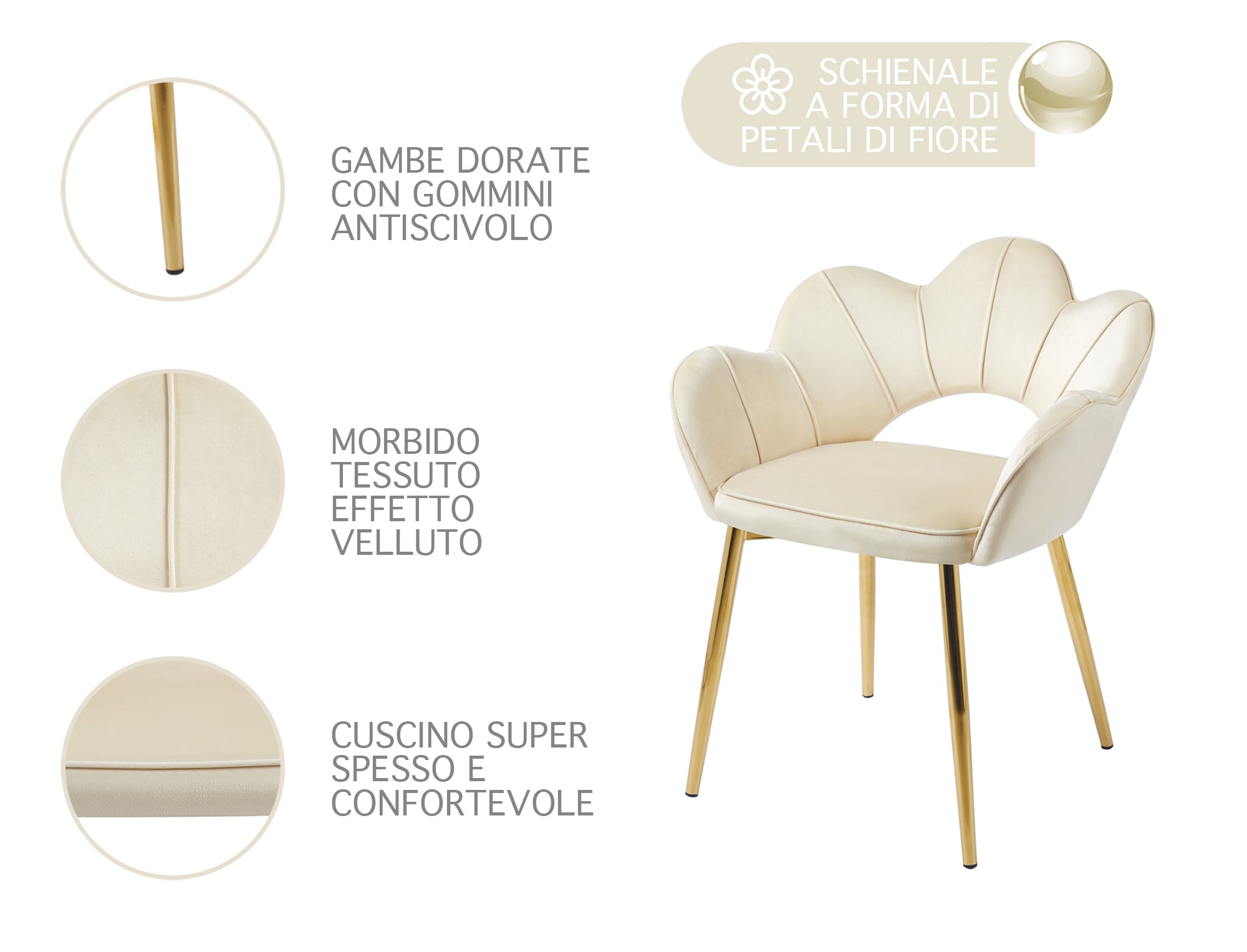 Poltrona Camera da Letto in Velluto Design Moderno, Sedia Conchiglia con Gambe in Metallo Placcato Oro Poltroncina da Salotto e Cucina con Seduta Morbida Imbottita Modello Fiorella - Beige