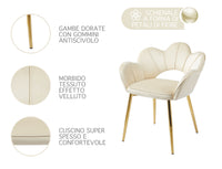 Poltrona Camera da Letto in Velluto Design Moderno, Sedia Conchiglia con Gambe in Metallo Placcato Oro Poltroncina da Salotto e Cucina con Seduta Morbida Imbottita Modello Fiorella - Beige