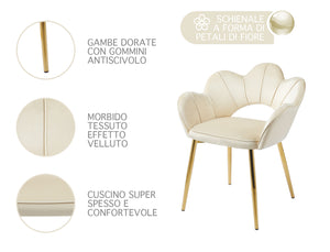 Poltrona Camera da Letto in Velluto Design Moderno, Sedia Conchiglia con Gambe in Metallo Placcato Oro Poltroncina da Salotto e Cucina con Seduta Morbida Imbottita Modello Fiorella - Beige