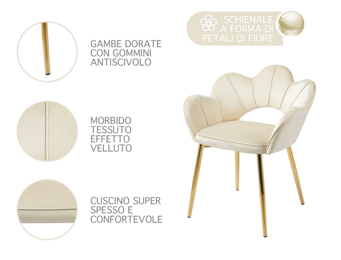 Poltrona Camera da Letto in Velluto Design Moderno, Sedia Conchiglia con Gambe in Metallo Placcato Oro Poltroncina da Salotto e Cucina con Seduta Morbida Imbottita Modello Fiorella - Beige