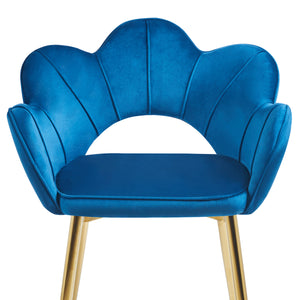 Poltrona Camera da Letto in Velluto Design Moderno, Sedia Conchiglia con Gambe in Metallo Placcato Oro Poltroncina da Salotto e Cucina con Seduta Morbida Imbottita Modello Fiorella - Blu