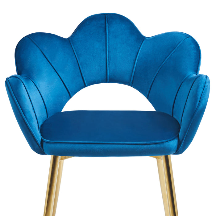 Poltrona Camera da Letto in Velluto Design Moderno, Sedia Conchiglia con Gambe in Metallo Placcato Oro Poltroncina da Salotto e Cucina con Seduta Morbida Imbottita Modello Fiorella - Blu