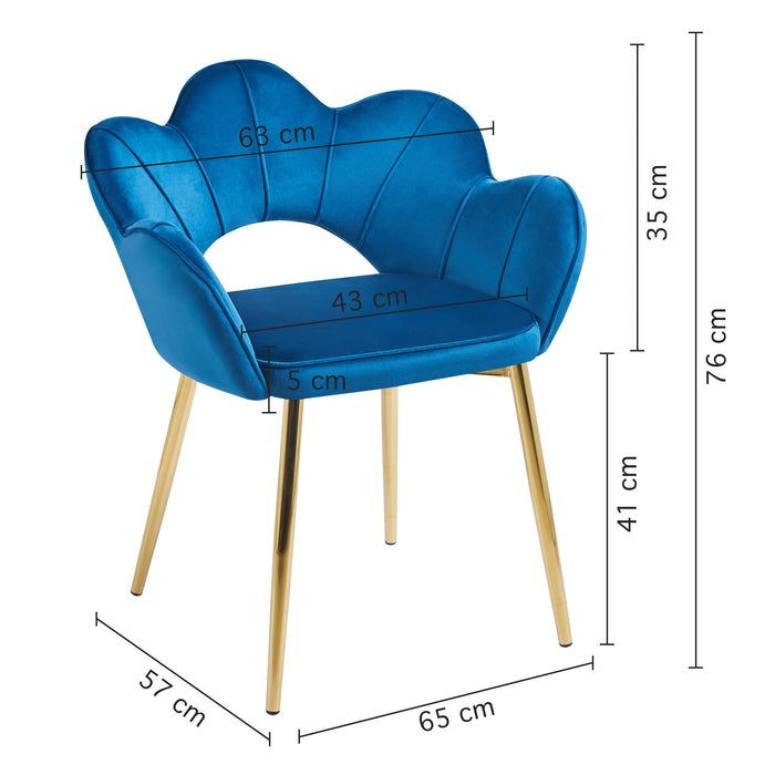 Poltrona Camera da Letto in Velluto Design Moderno, Sedia Conchiglia con Gambe in Metallo Placcato Oro Poltroncina da Salotto e Cucina con Seduta Morbida Imbottita Modello Fiorella - Blu