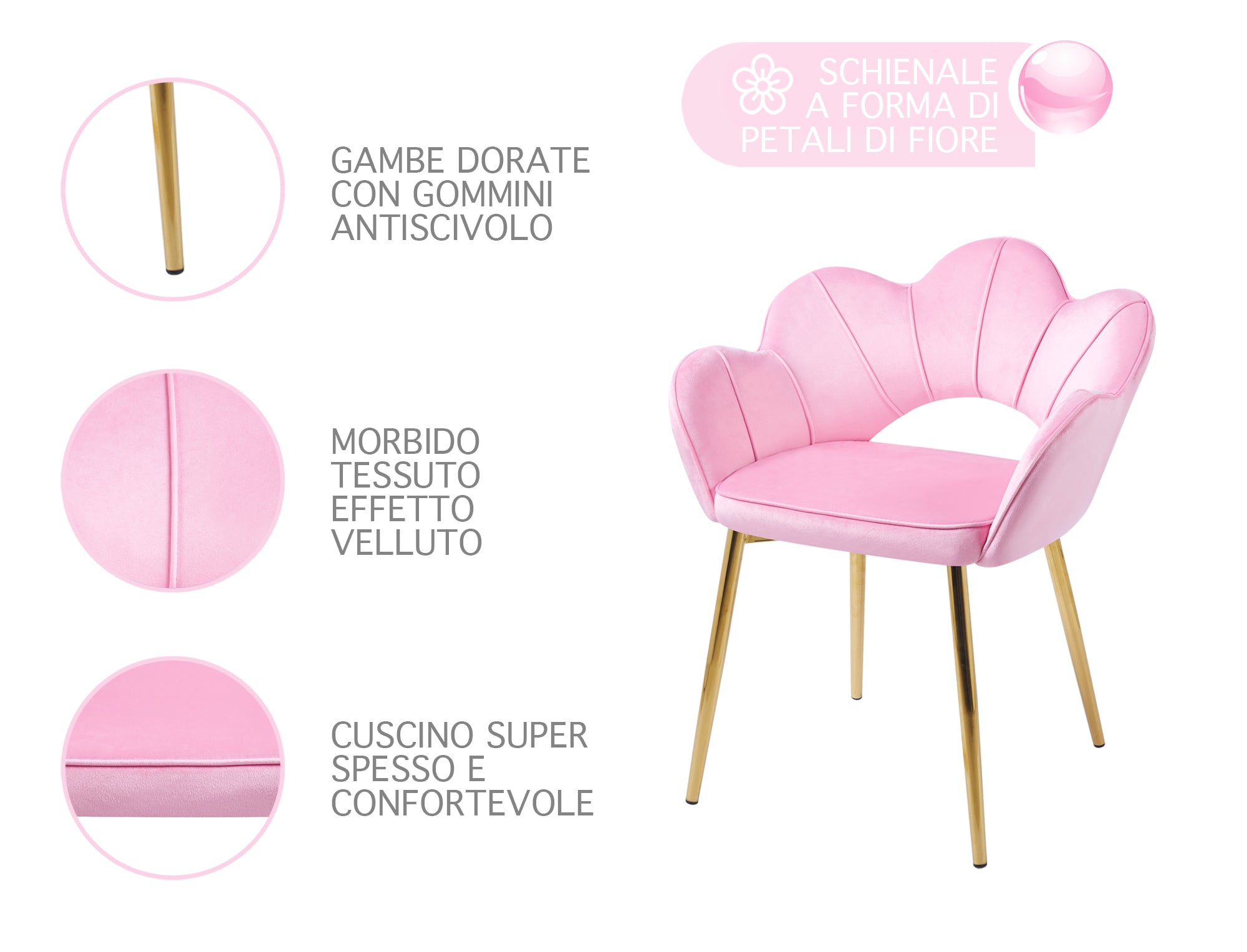 Poltrona Camera da Letto in Velluto Design Moderno, Sedia Conchiglia con Gambe in Metallo Placcato Oro Poltroncina da Salotto e Cucina con Seduta Morbida Imbottita Modello Fiorella - RosaCipria