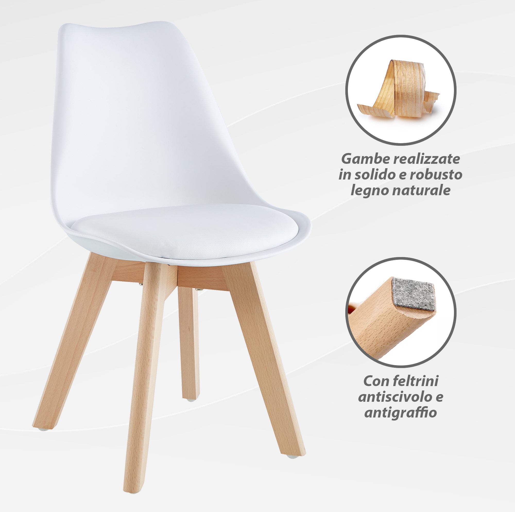 Set 4 Sedie Sala Da Pranzo Ufficio Con Gambe In Legno Di Faggio Schienale Ergonomico Seduta Imbottita In SimilPelle Sedia Cucina Soggiorno Sala Attesa Eleganti Moderne Robuste Solide - Bianco
