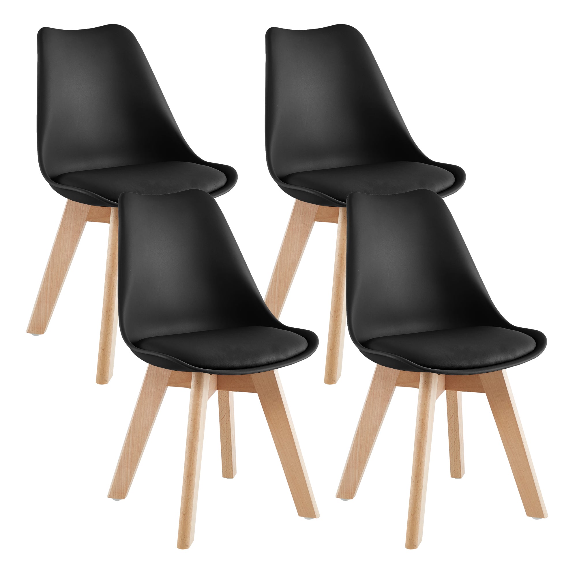 Set 4 Sedie Sala Da Pranzo Ufficio Con Gambe In Legno Di Faggio Schienale Ergonomico Seduta Imbottita In SimilPelle Sedia Cucina Soggiorno Sala Attesa Eleganti Moderne Robuste Solide - Nero