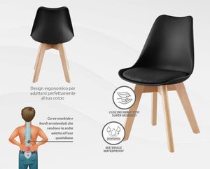 Set 4 Sedie Sala Da Pranzo Ufficio Con Gambe In Legno Di Faggio Schienale Ergonomico Seduta Imbottita In SimilPelle Sedia Cucina Soggiorno Sala Attesa Eleganti Moderne Robuste Solide - Nero