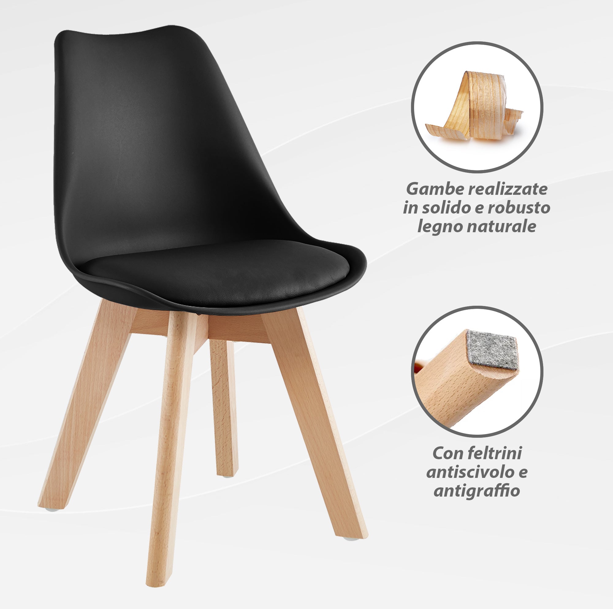 Set 4 Sedie Sala Da Pranzo Ufficio Con Gambe In Legno Di Faggio Schienale Ergonomico Seduta Imbottita In SimilPelle Sedia Cucina Soggiorno Sala Attesa Eleganti Moderne Robuste Solide - Nero