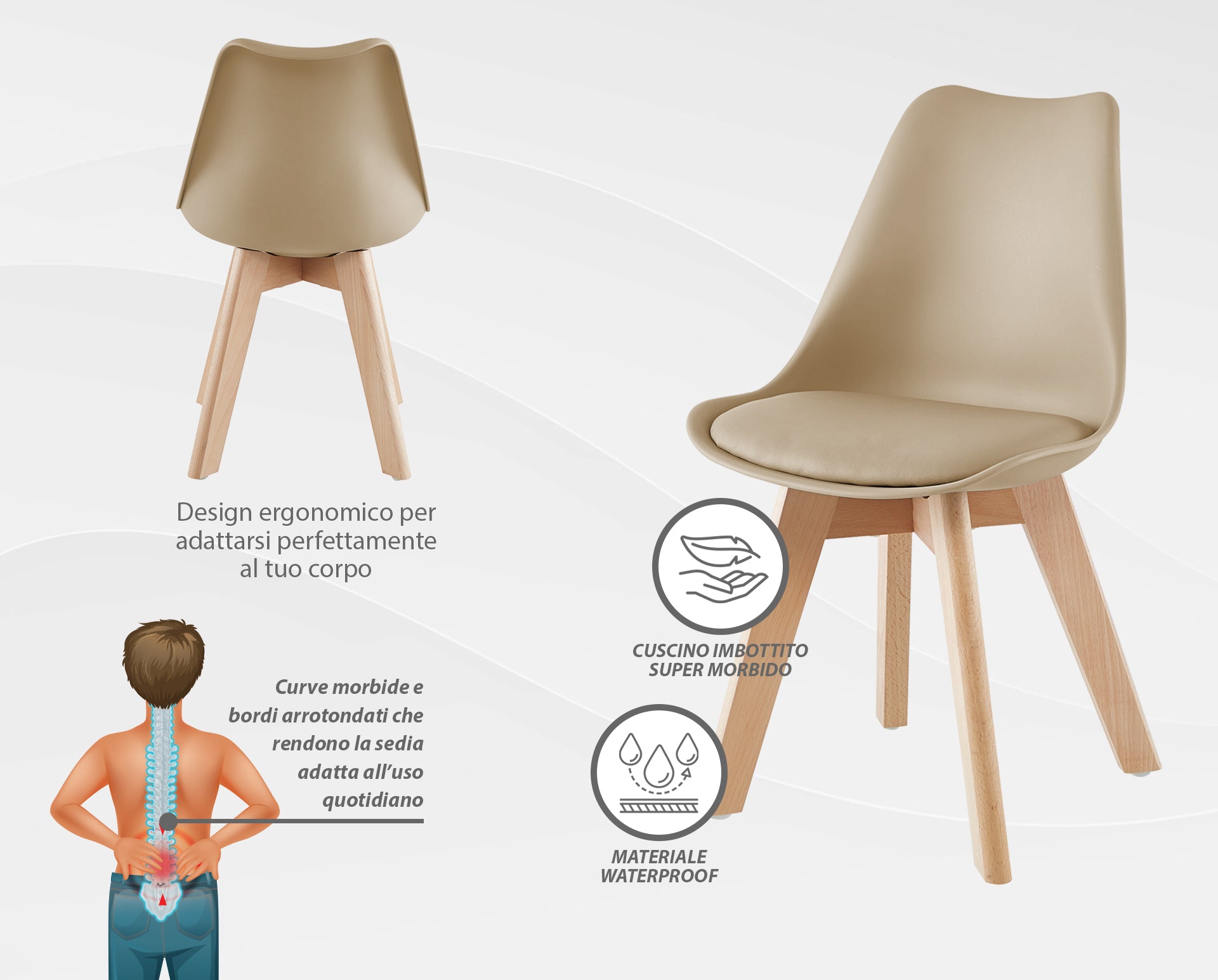 Set 4 Sedie Sala Da Pranzo Ufficio Con Gambe In Legno Di Faggio Schienale Ergonomico Seduta Imbottita In SimilPelle Sedia Cucina Soggiorno Sala Attesa Eleganti Moderne Robuste Solide - Tortora