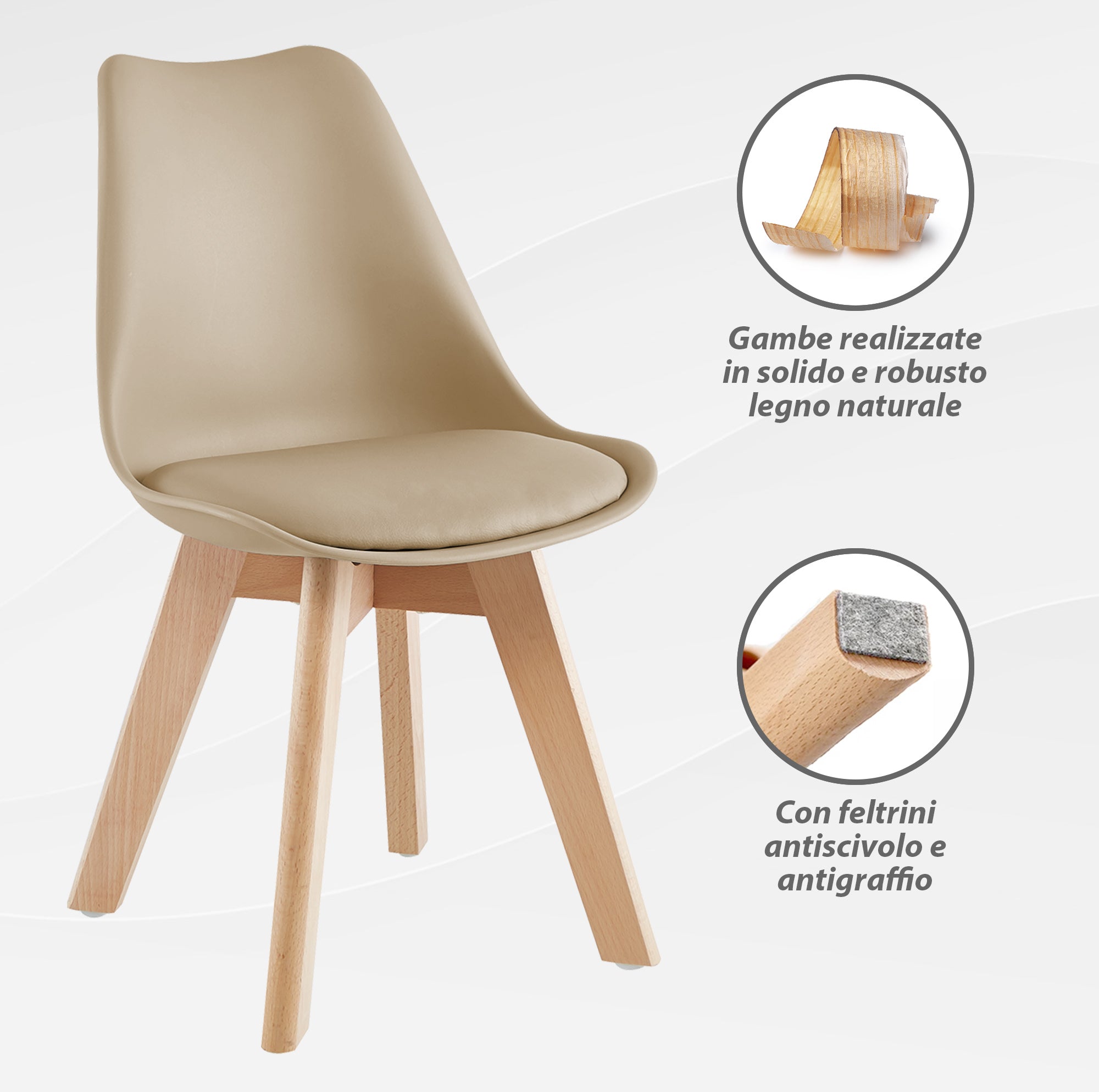 Set 4 Sedie Sala Da Pranzo Ufficio Con Gambe In Legno Di Faggio Schienale Ergonomico Seduta Imbottita In SimilPelle Sedia Cucina Soggiorno Sala Attesa Eleganti Moderne Robuste Solide - Tortora