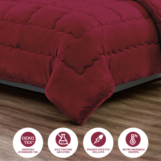 Trapunta Matrimoniale Velluto Retro In Sherpa Piumone Invernale Effetto Piuma 560 Gr/Mq Piumino Caldo Due Piazze Inverno Coperta Duck Friendly Bordeaux