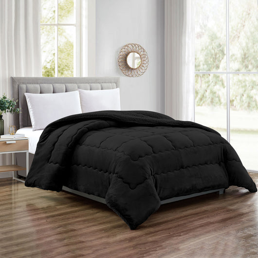 Trapunta Matrimoniale Velluto Retro In Sherpa Piumone Invernale Effetto Piuma 560 Gr/Mq Piumino Caldo Due Piazze Inverno Coperta Duck Friendly Nero