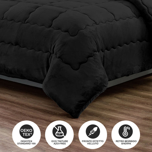 Trapunta Matrimoniale Velluto Retro In Sherpa Piumone Invernale Effetto Piuma 560 Gr/Mq Piumino Caldo Due Piazze Inverno Coperta Duck Friendly Nero