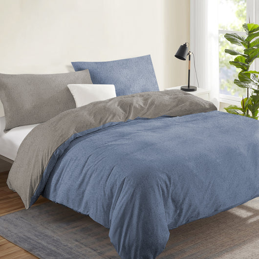 Copripiumino In Flanella Di Cotone Felpato Bicolore Sacco E Federe Bicolore Double Face Trattamento Antipilling No Pallini Effetto Tinto In Filo Morbido Caldo Inverno Blu-Tortora - Singolo