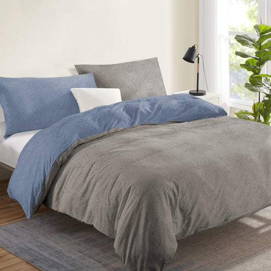 Copripiumino In Flanella Di Cotone Felpato Bicolore Sacco E Federe Bicolore Double Face Trattamento Antipilling No Pallini Effetto Tinto In Filo Morbido Caldo Inverno Blu-Tortora - Singolo