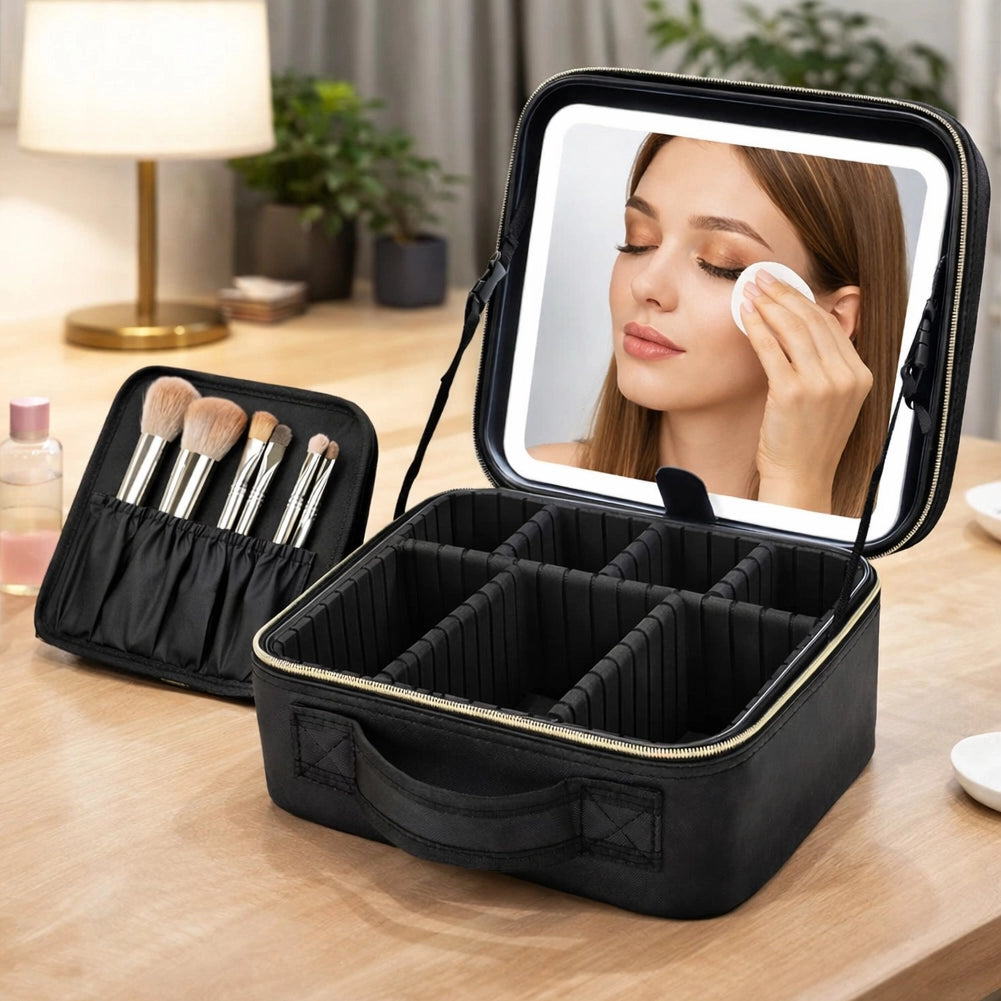 Borsa Nera Porta Trucchi con Led Specchio ed Illuminazione Organizer Scomparti